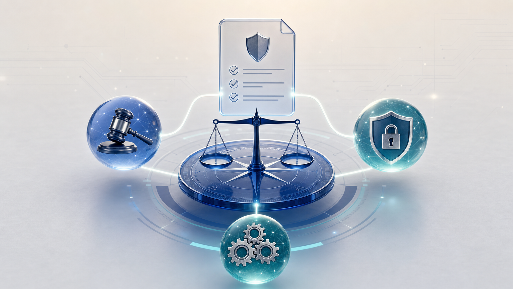 Conceptual illustration of a balanced compass surrounded by symbols of legal, privacy and operational guidance — representing the DPO decision framework