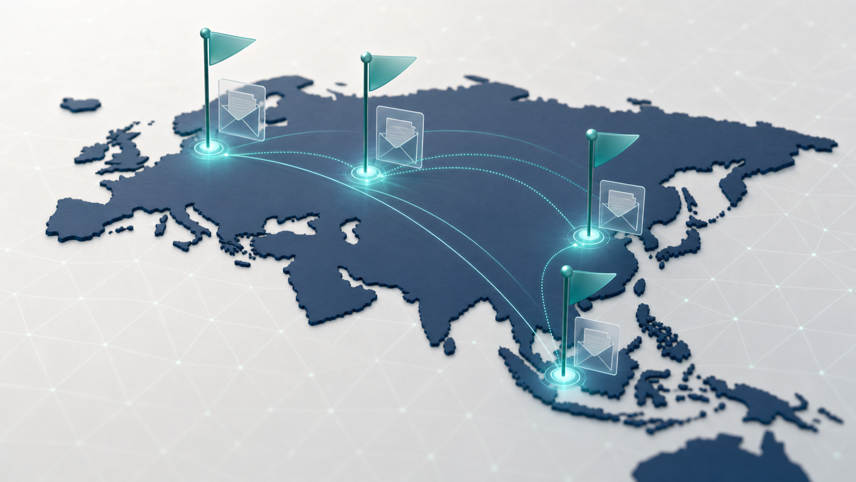 Conceptual illustration of four glowing flag-pin beacons across Europe and Southeast Asia connected by data-flow lines, representing local data privacy representatives