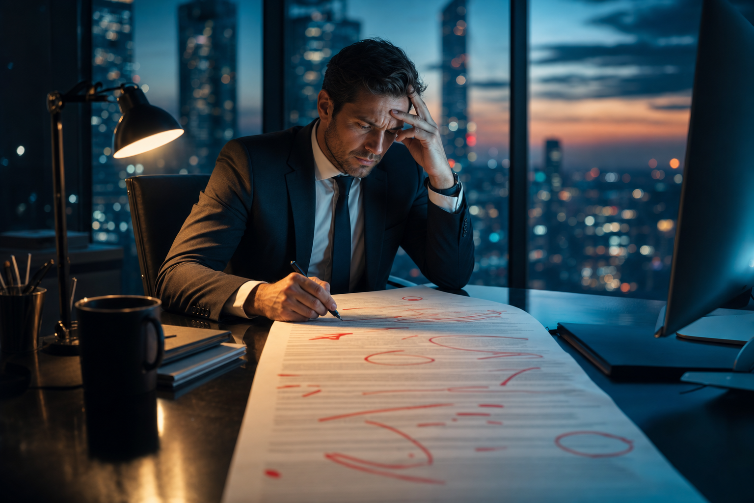 In-house lawyer reviewing a heavily marked-up contract late at night