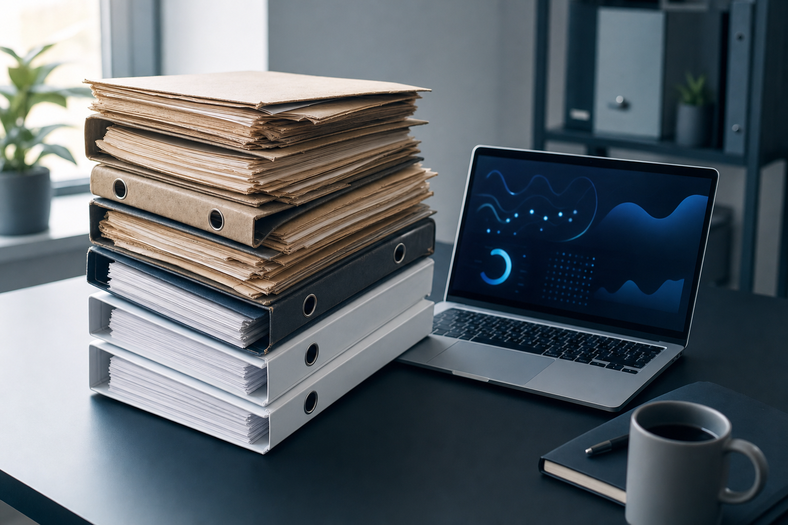 Stack of old and new binders beside a laptop, symbolising stale and incomplete ROPA records