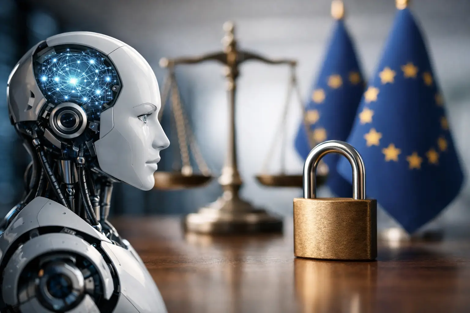 Humanoid AI robot beside scales of justice, a padlock and EU flags
