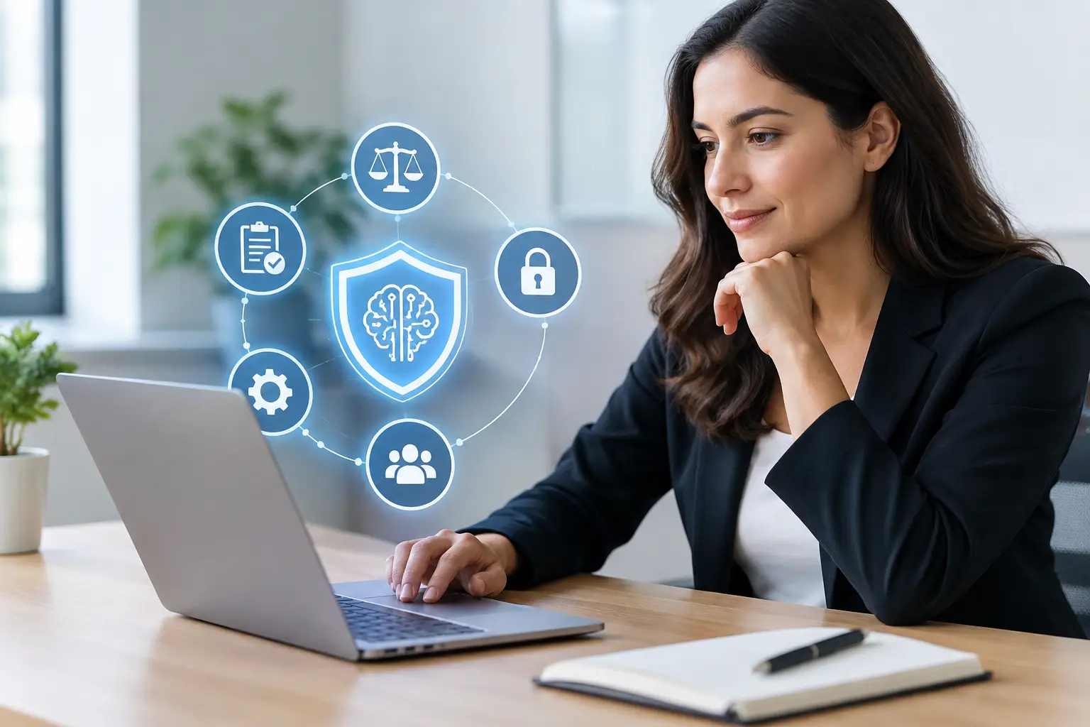 Privacy professional at a laptop with AI governance icons showing scales, checklist, padlock and people