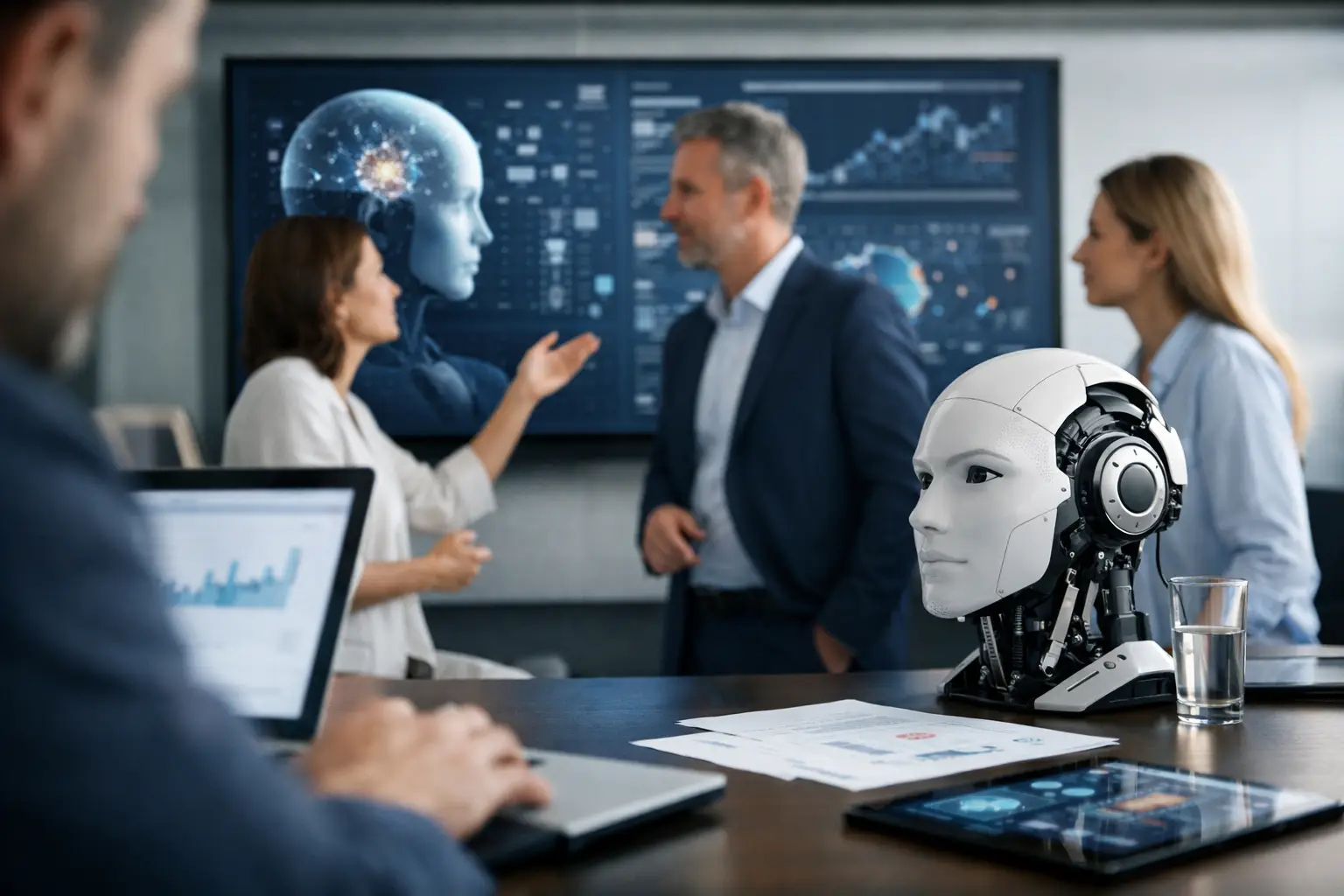 Executives discussing AI governance with a humanoid robot and analytics screens in a boardroom