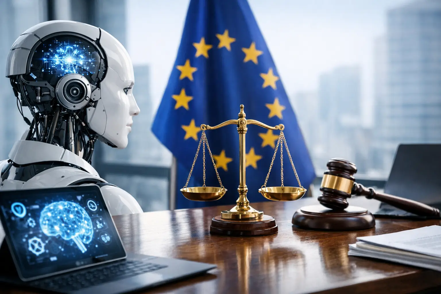 AI humanoid robot facing EU flag with scales of justice and gavel symbolising EU AI Act governance