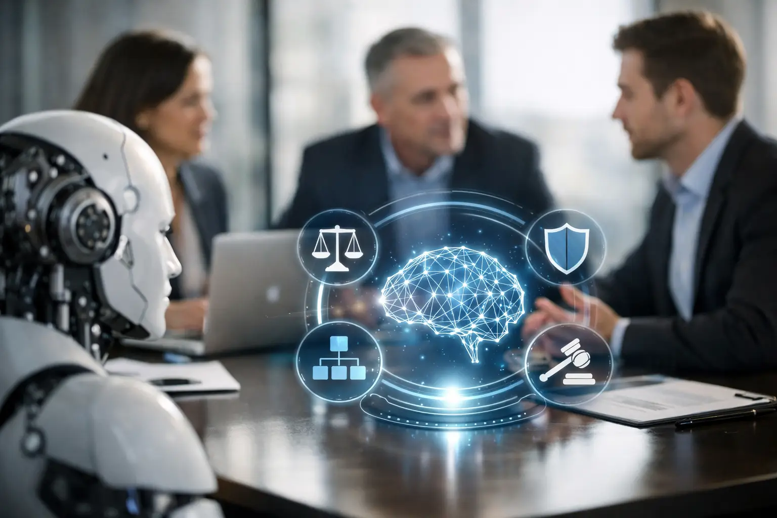Executives and AI robot discussing AI governance framework with holographic icons of law, security and accountability