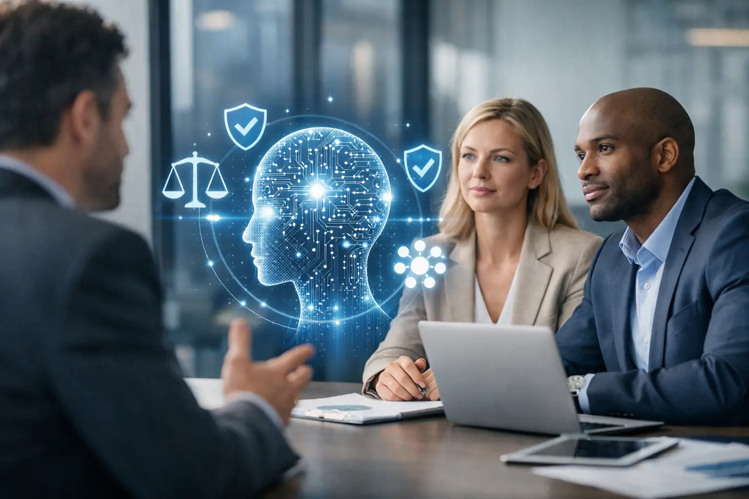 Executives discussing AI governance with a digital AI head, scales and shield icons