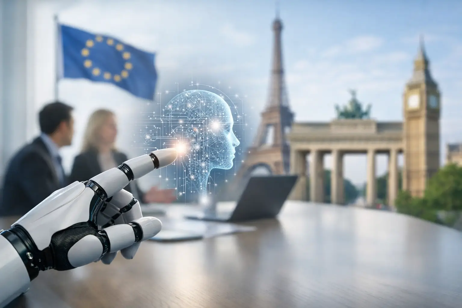 Robotic hand touching an AI brain hologram with EU landmarks and flag behind