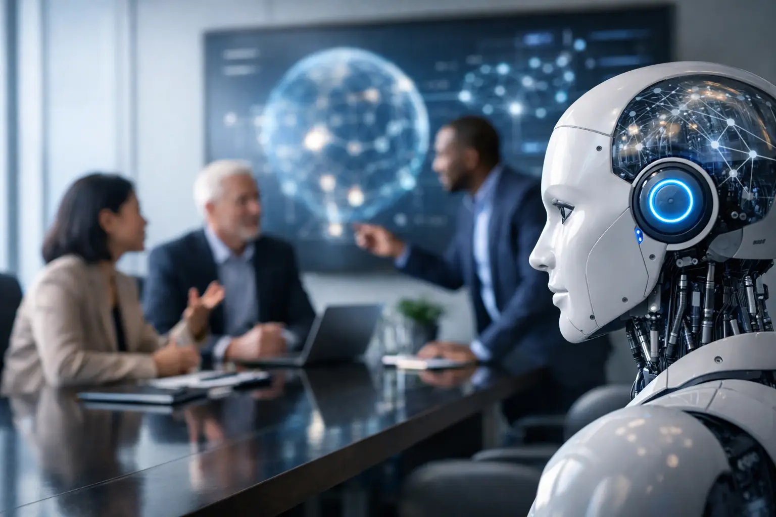 Humanoid AI robot in a boardroom while executives discuss a global data network on screen