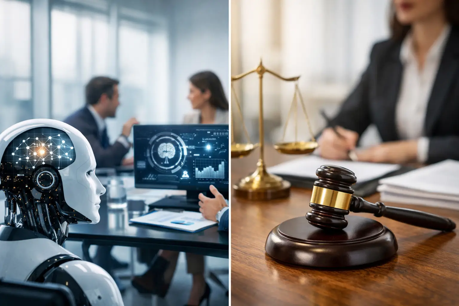 Humanoid AI robot in a boardroom beside a lawyer with scales of justice and gavel