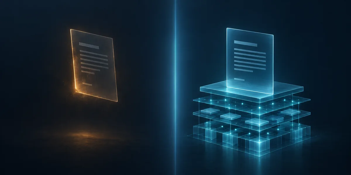 Contract document floating alone beside a contract supported by layered data and evidence structures