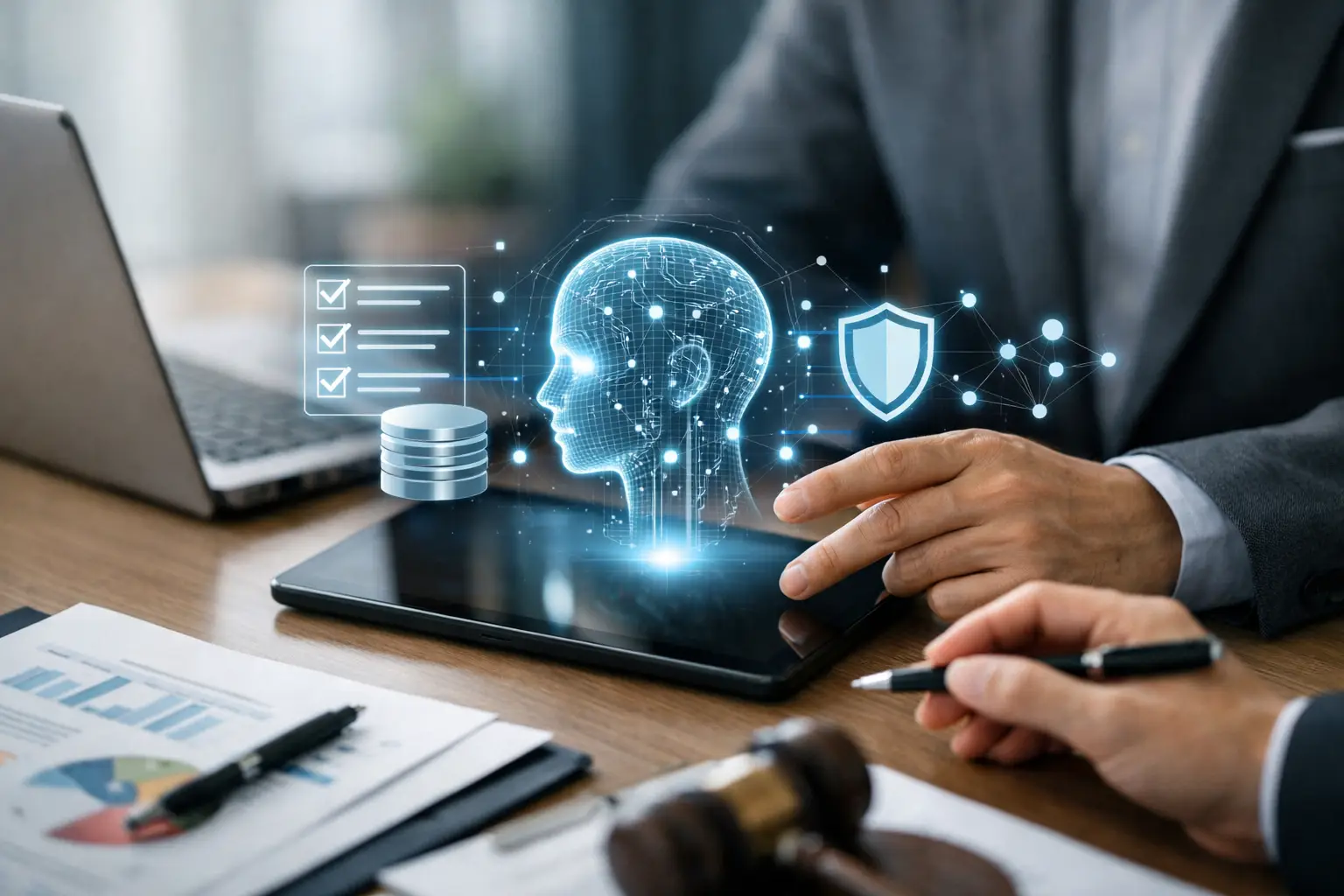 Business professional reviewing an AI governance hologram with checklist, database and shield icons on a tablet