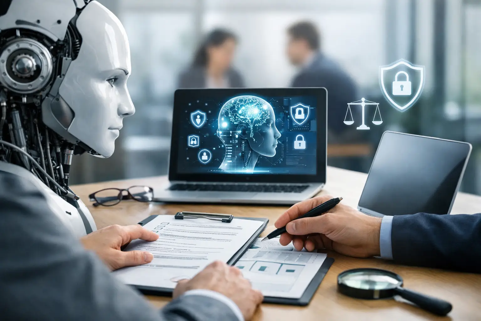 Humanoid robot and adviser reviewing an AI DPIA on a laptop with brain hologram, shield, padlock and scales icons