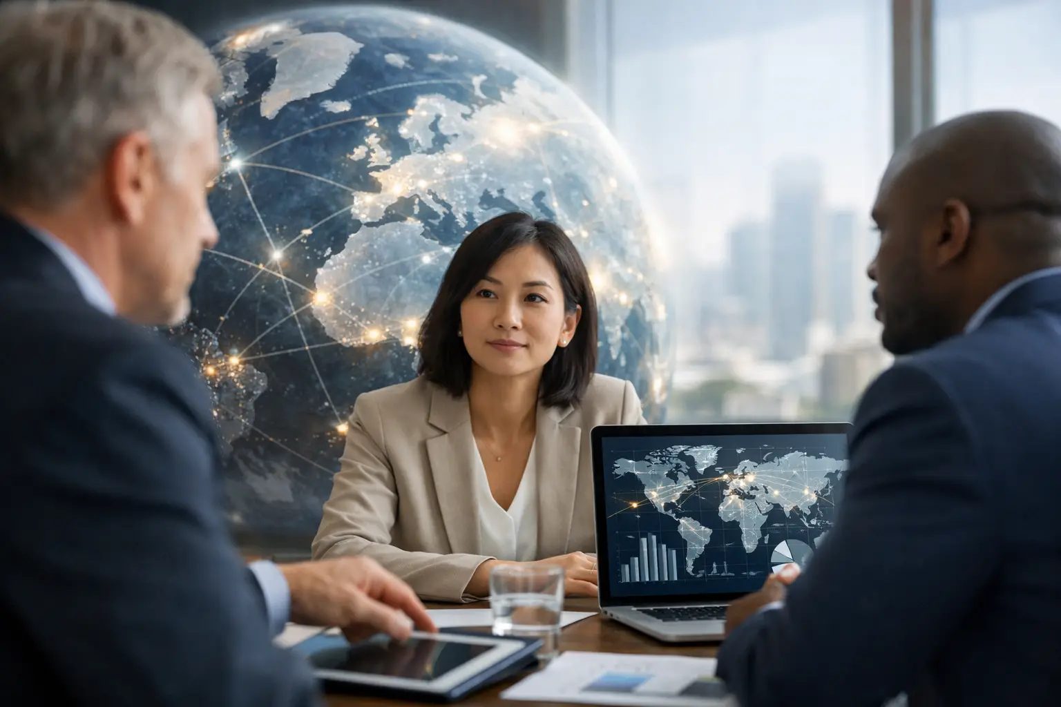 Three business professionals in a boardroom meeting with a glowing connected globe behind them