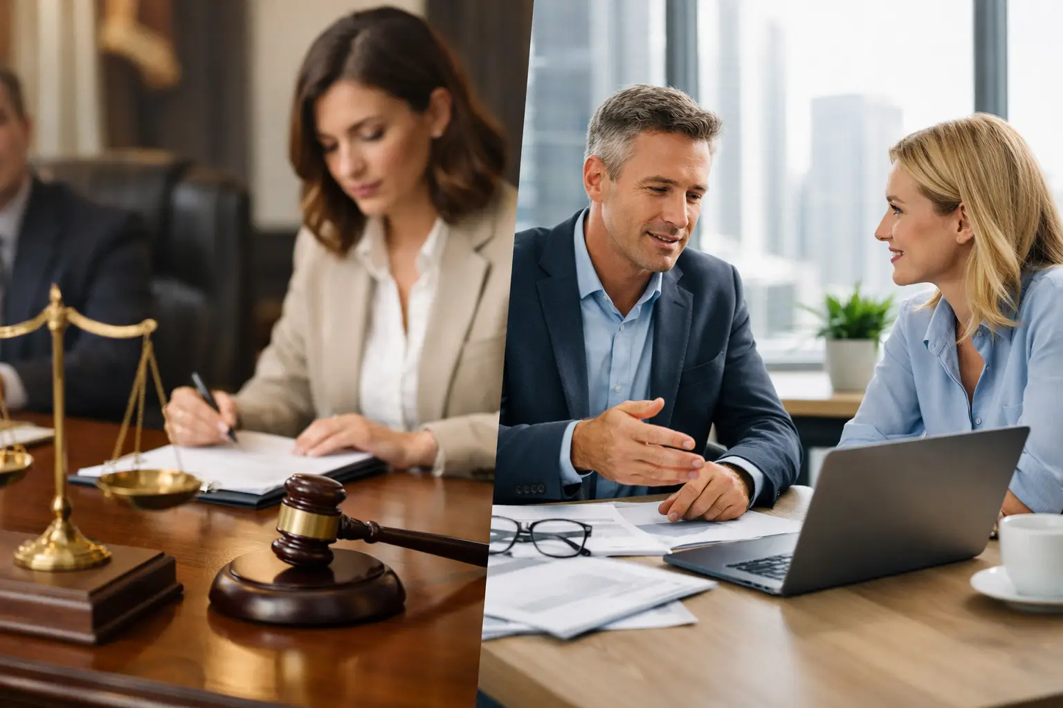 Split image of a lawyer signing documents and business advisers meeting in a city office