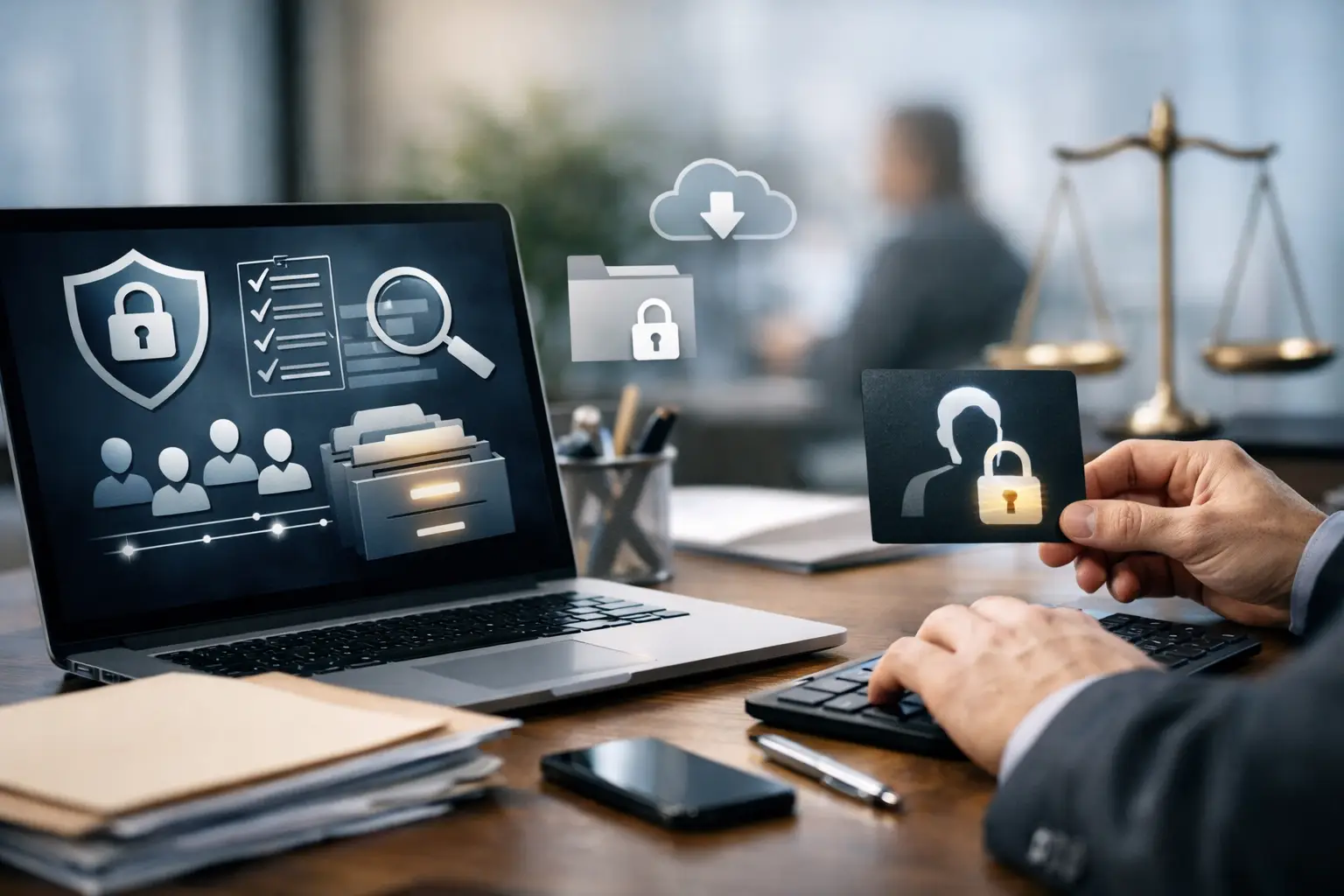 Privacy professional reviewing DSAR management dashboard with identity and data subject icons
