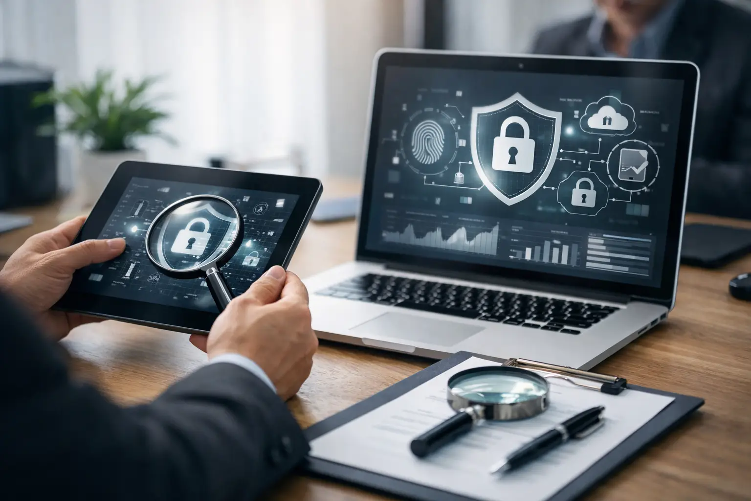 Consultant reviewing a privacy audit dashboard on a tablet and laptop