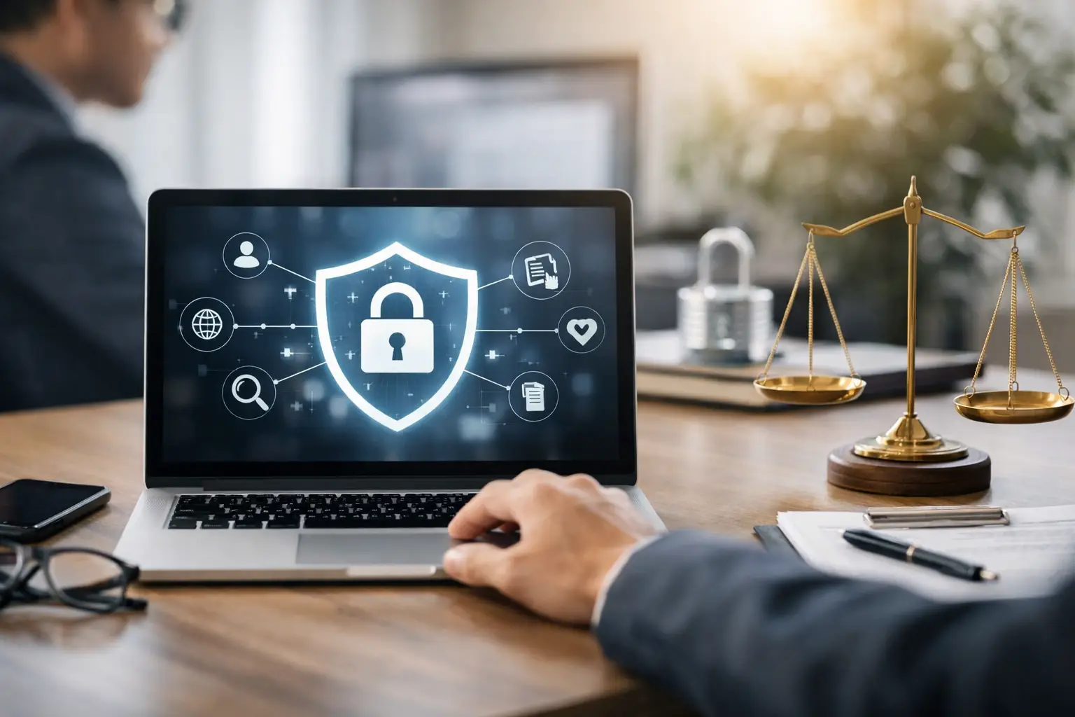 Privacy compliance software illustrated by a laptop showing a shield and privacy icons beside legal scales on a desk