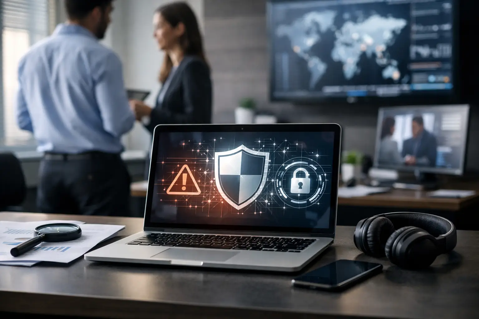 Laptop showing privacy incident alert, shield and padlock icons in an office