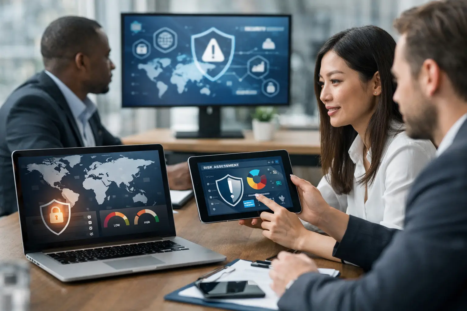 Business professionals reviewing a vendor risk assessment dashboard on a tablet and laptop