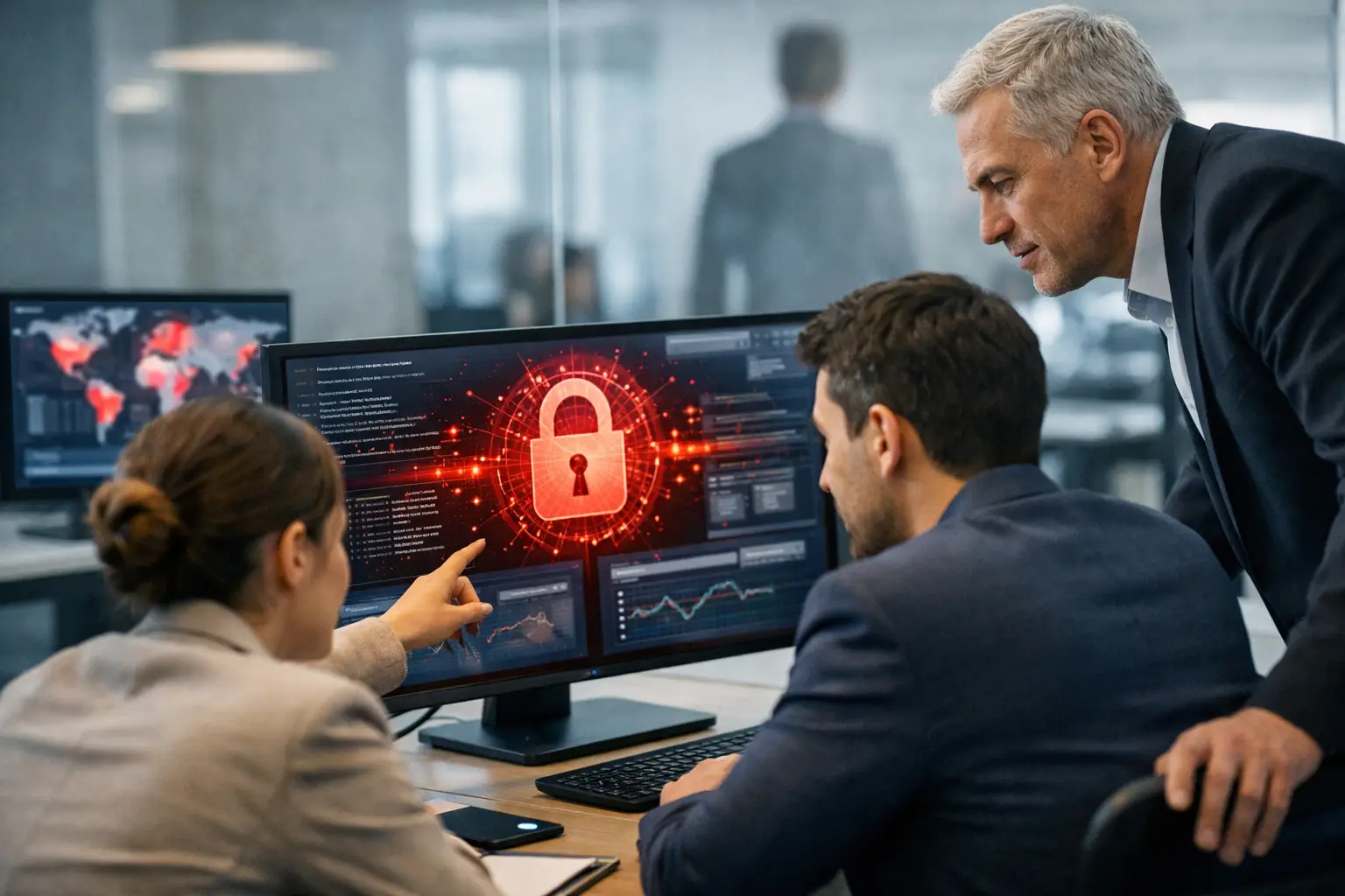 Privacy and security team reviewing a red padlock breach alert on a monitor in an office