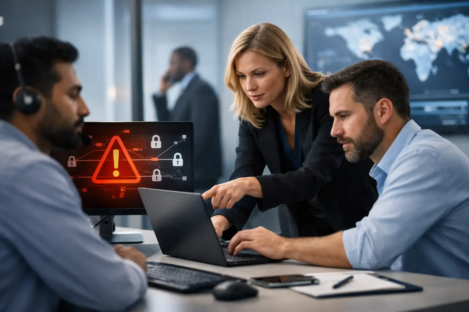Privacy and security teams reviewing a data breach alert on screen with a world map behind them
