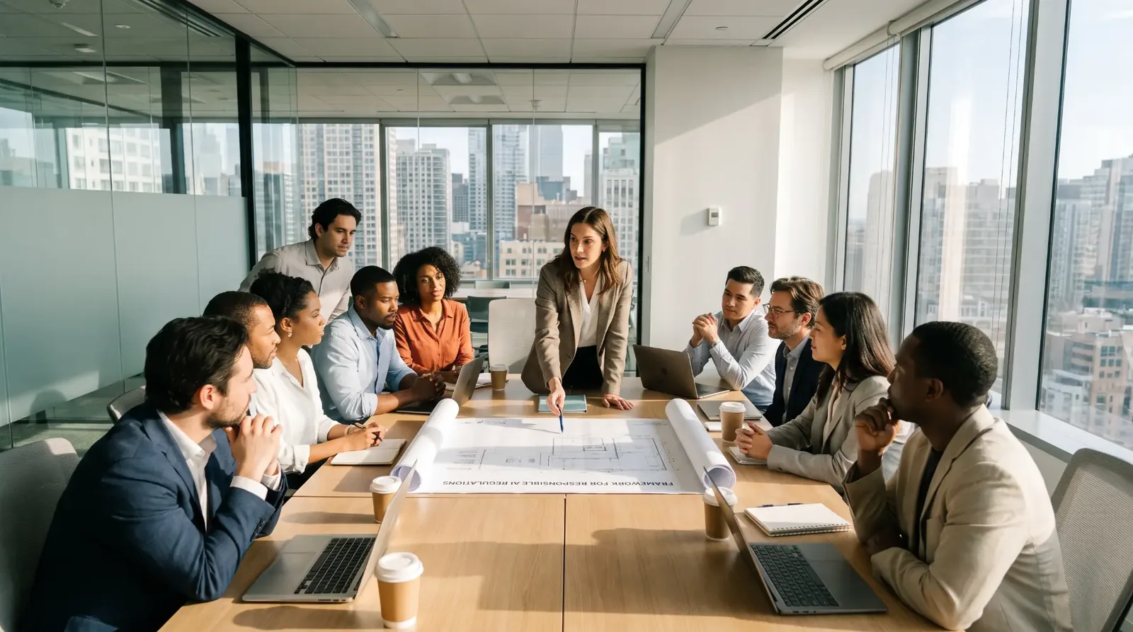 International business leaders reviewing an AI regulatory framework in a city boardroom