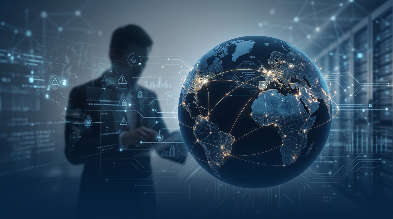 CISO reviewing global vendor and data flow risks across a connected world map