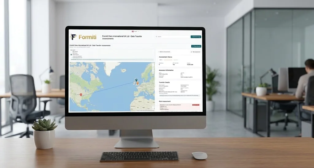 Desktop monitor showing a Formiti data transfer assessment with a US to UK transfer map in a modern office