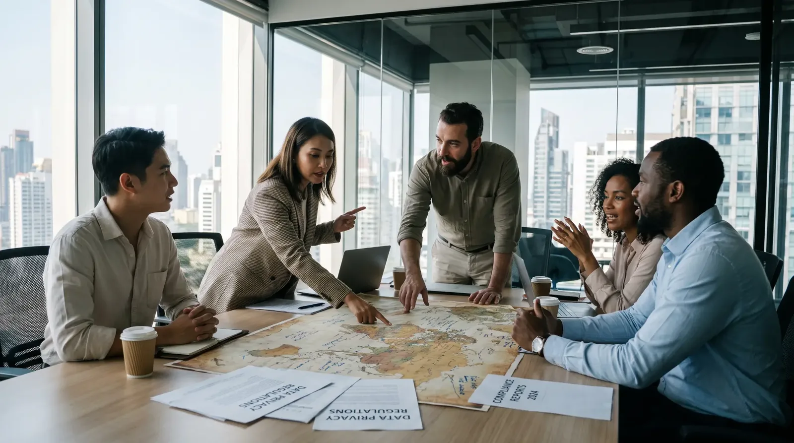 Global privacy team reviewing cross-border data transfer routes on a world map in a modern boardroom
