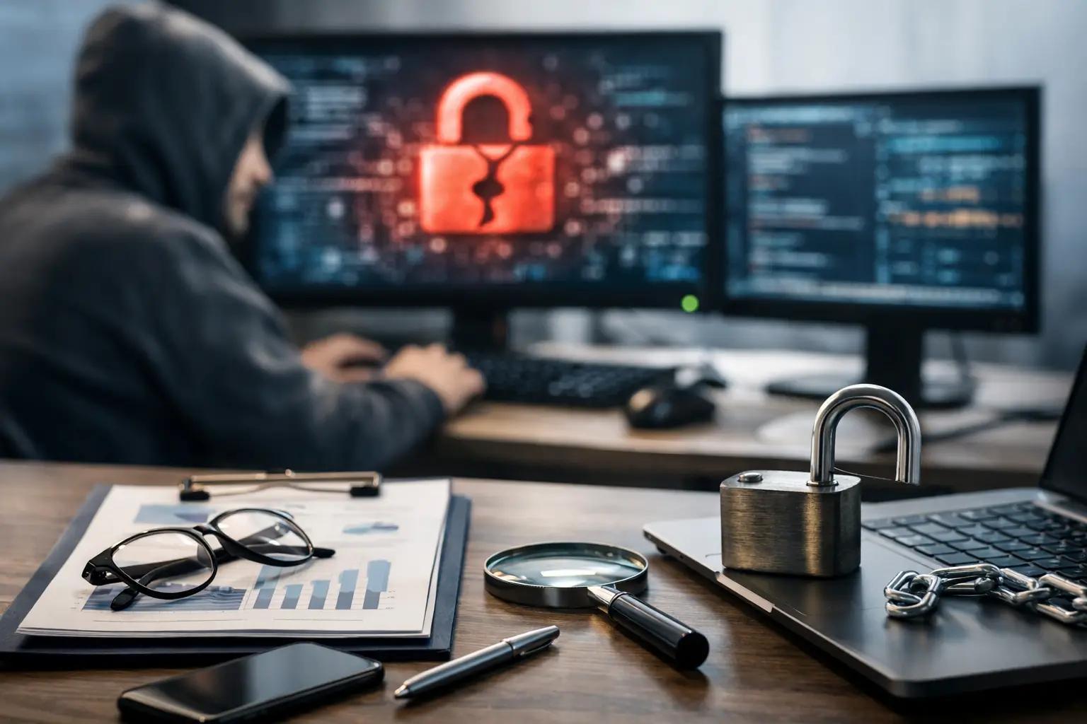 Breach alert on a monitor with a padlock, magnifying glass and reports on a desk