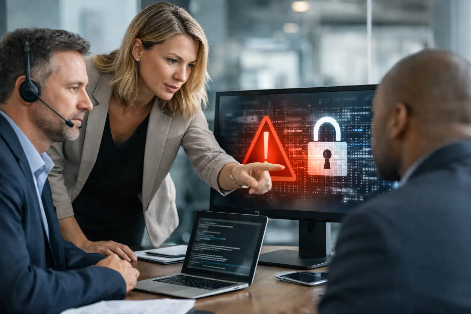 Privacy and security team responding to a data breach incident with alert symbol on screen