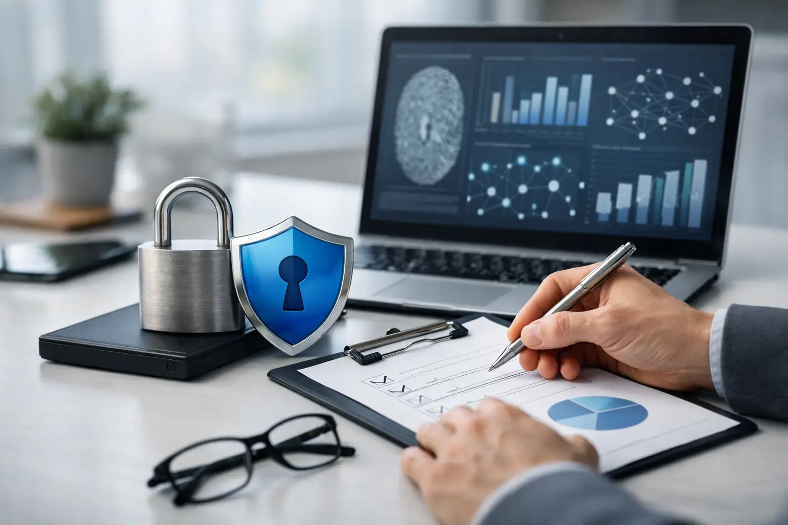 Privacy professional reviewing a DPIA checklist next to a padlock, shield and laptop showing data protection analytics