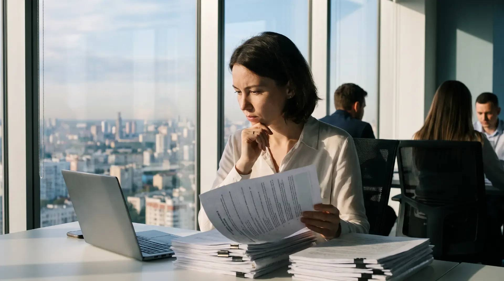 Compliance professional reviewing stacks of data protection documents beside a laptop in a high-rise office