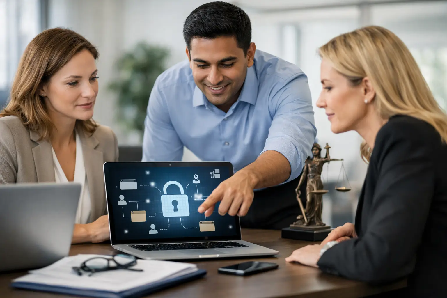 Legal team reviewing a DSAR workflow on a laptop with scales of justice nearby