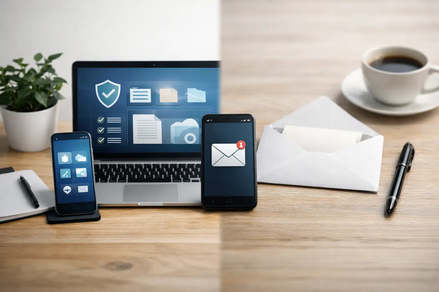 Laptop showing a secure DSAR portal beside a phone with an email alert and envelope on a desk
