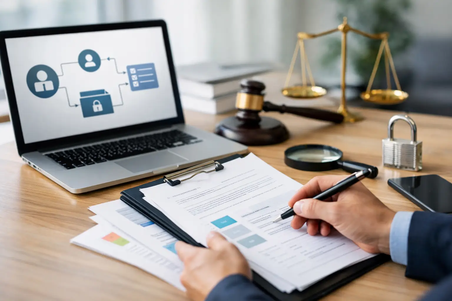 Privacy professional reviewing a data subject access request workflow with laptop, gavel and scales of justice