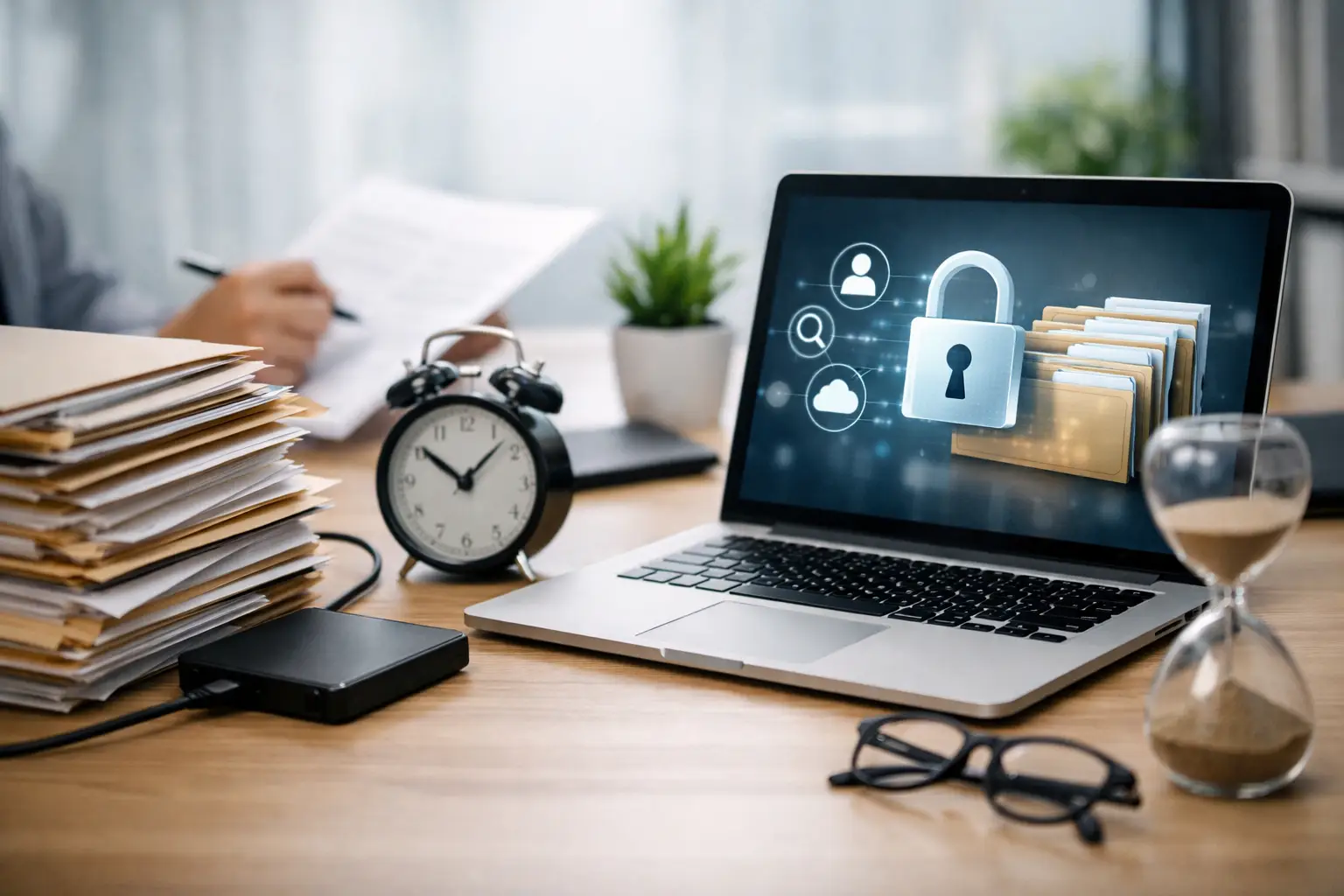 Desk with stacked files, alarm clock, hourglass and laptop showing a padlock and folder icons