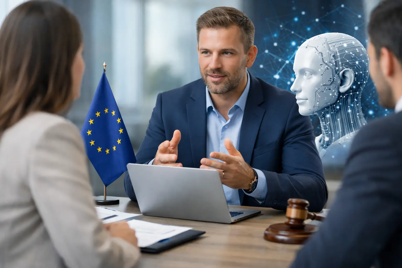 Privacy and AI governance consultant discussing EU AI Act compliance with executives, EU flag and AI illustration