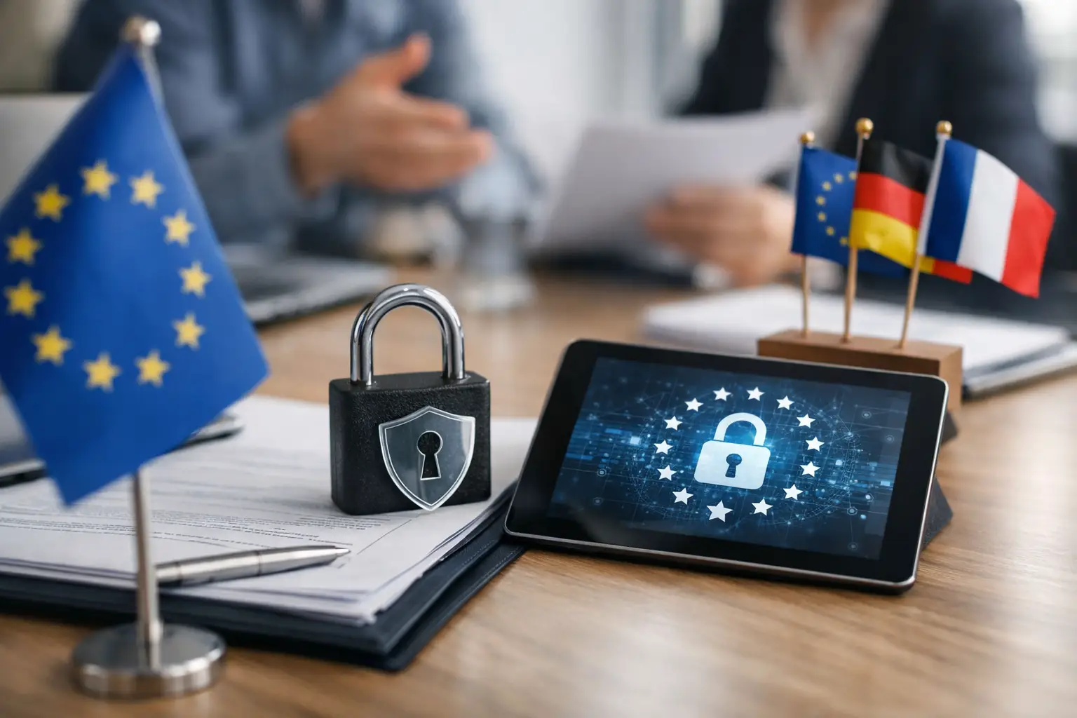 EU flag, padlock and tablet showing GDPR data protection shield on a meeting table