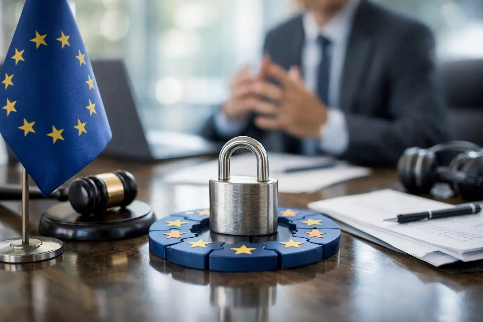 EU flag with padlock and gavel symbolising GDPR compliance for business leaders