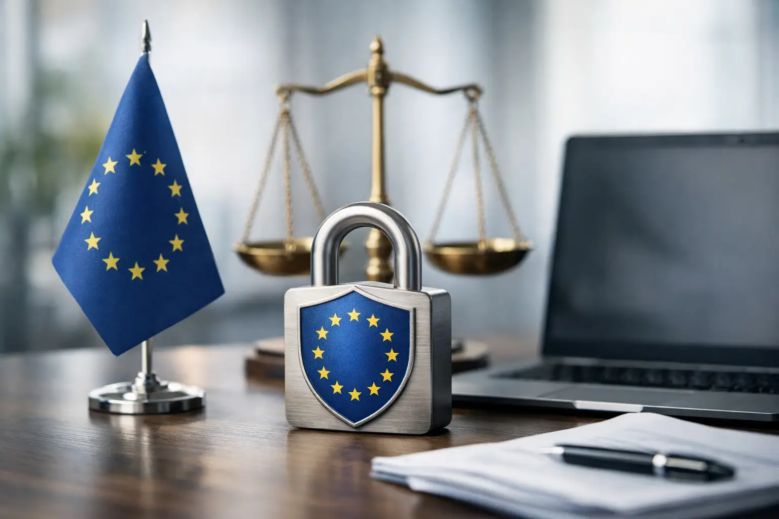 EU flag, scales of justice and padlock with EU stars on a desk symbolising GDPR Article 27 representative duties