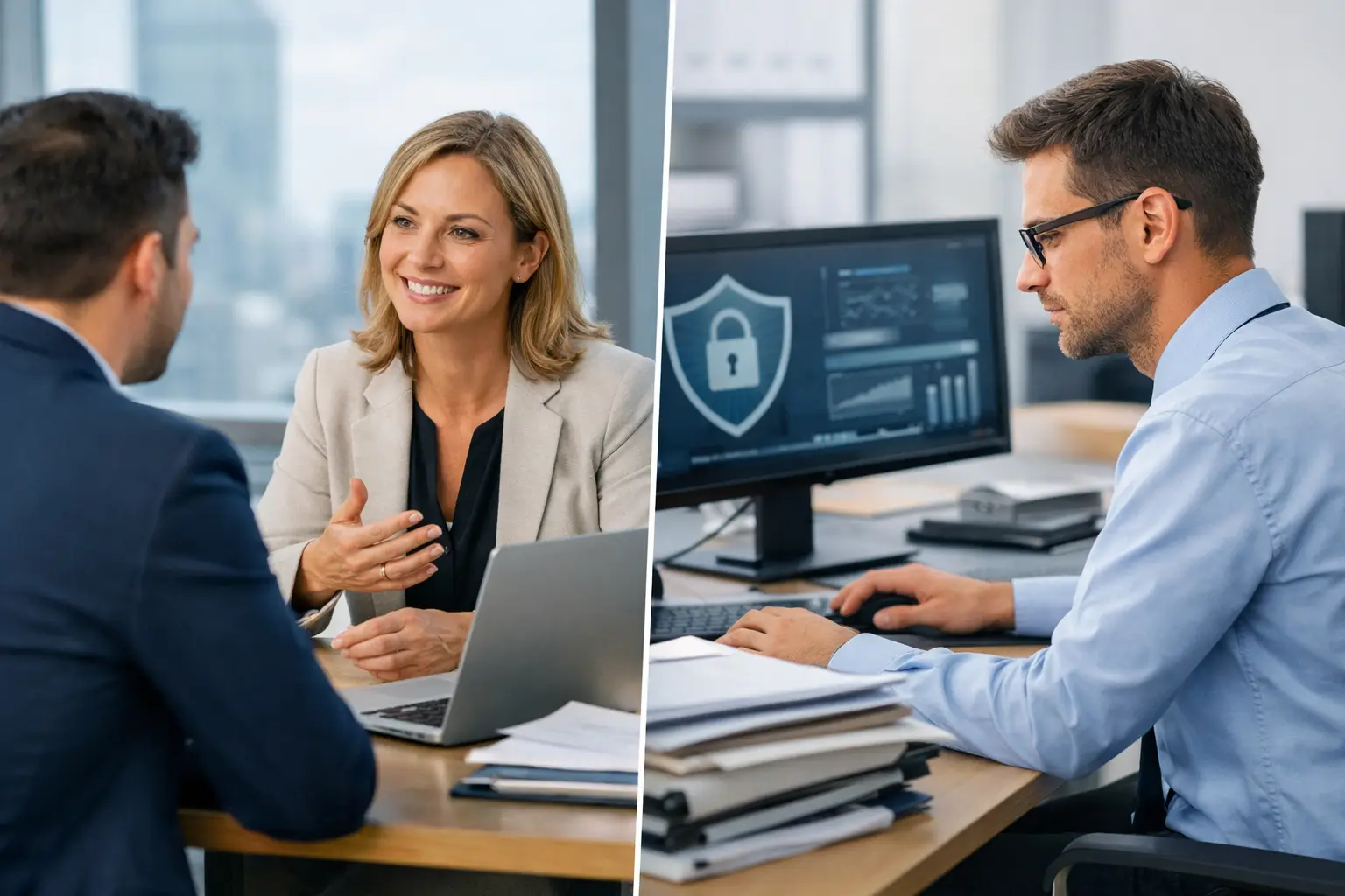 Split image of an external privacy adviser meeting a client and an internal DPO reviewing security dashboards