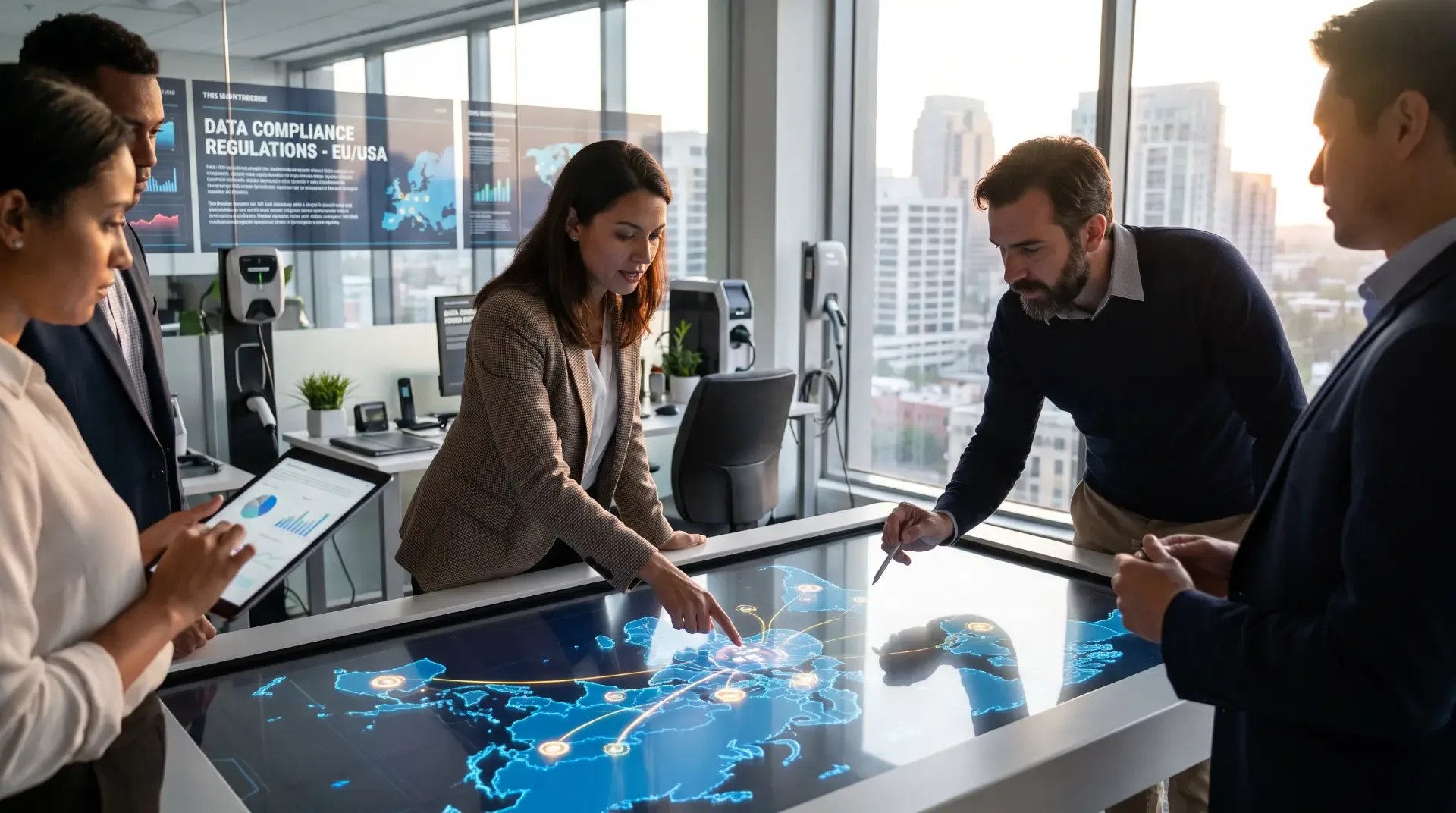 Compliance team reviewing cross-border AI governance obligations on a global map