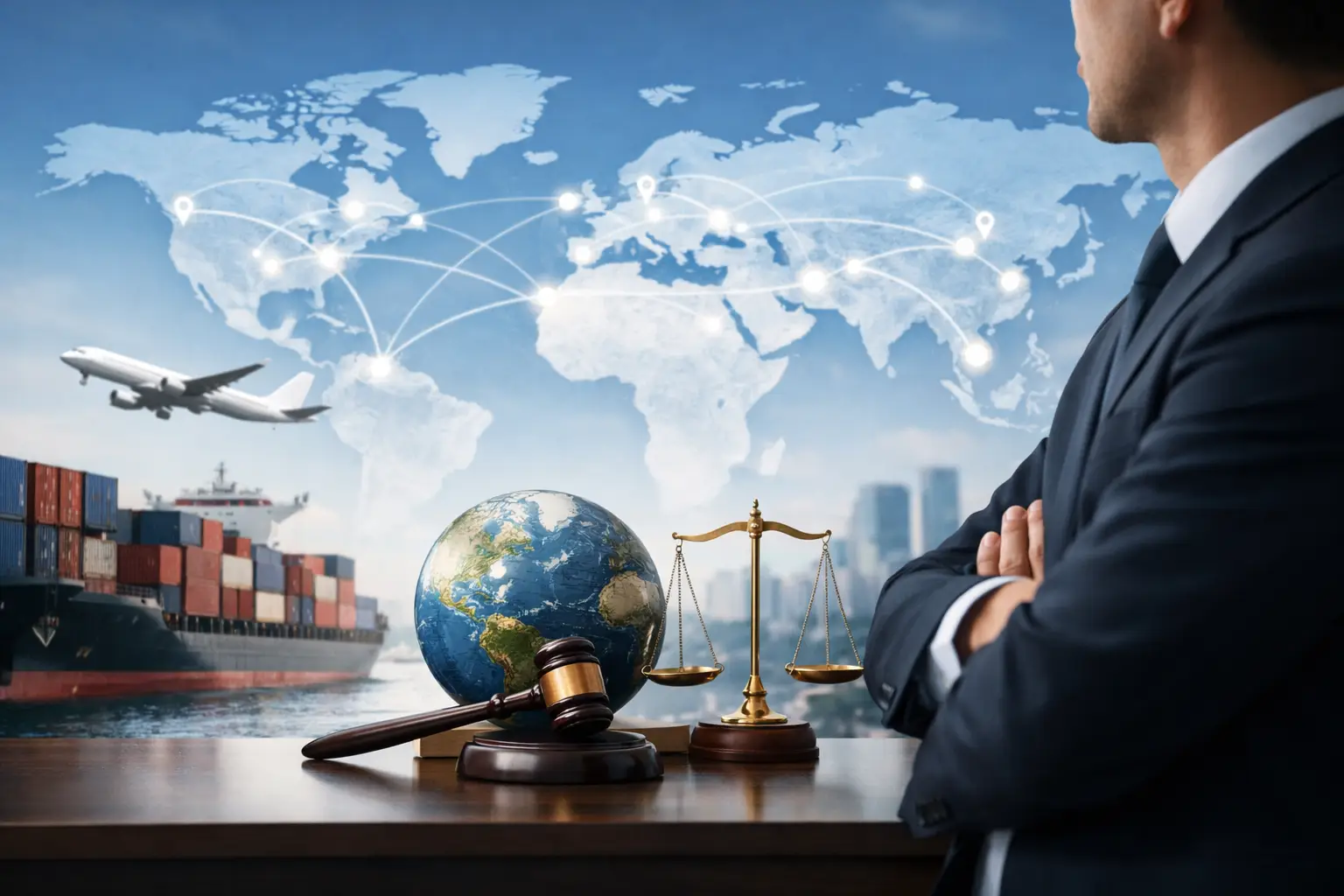 Business leader viewing a global trade map with a globe, gavel and scales of justice