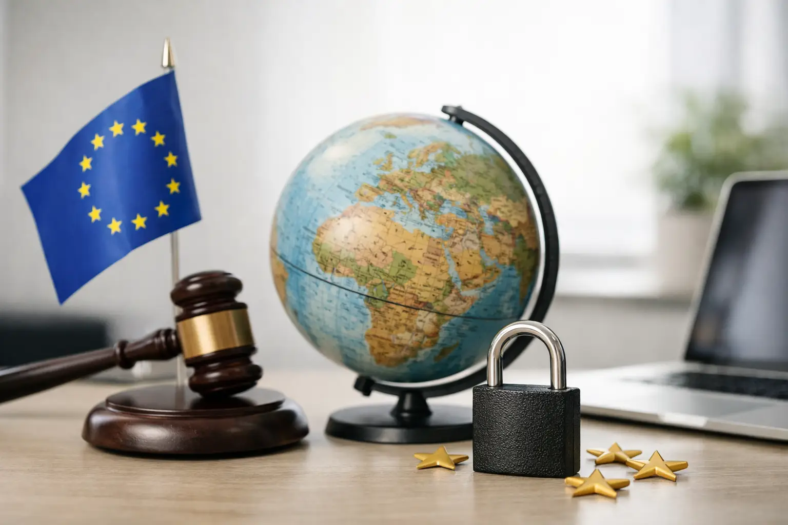 EU flag, gavel, globe and padlock representing GDPR Article 27 representation for non-EU businesses