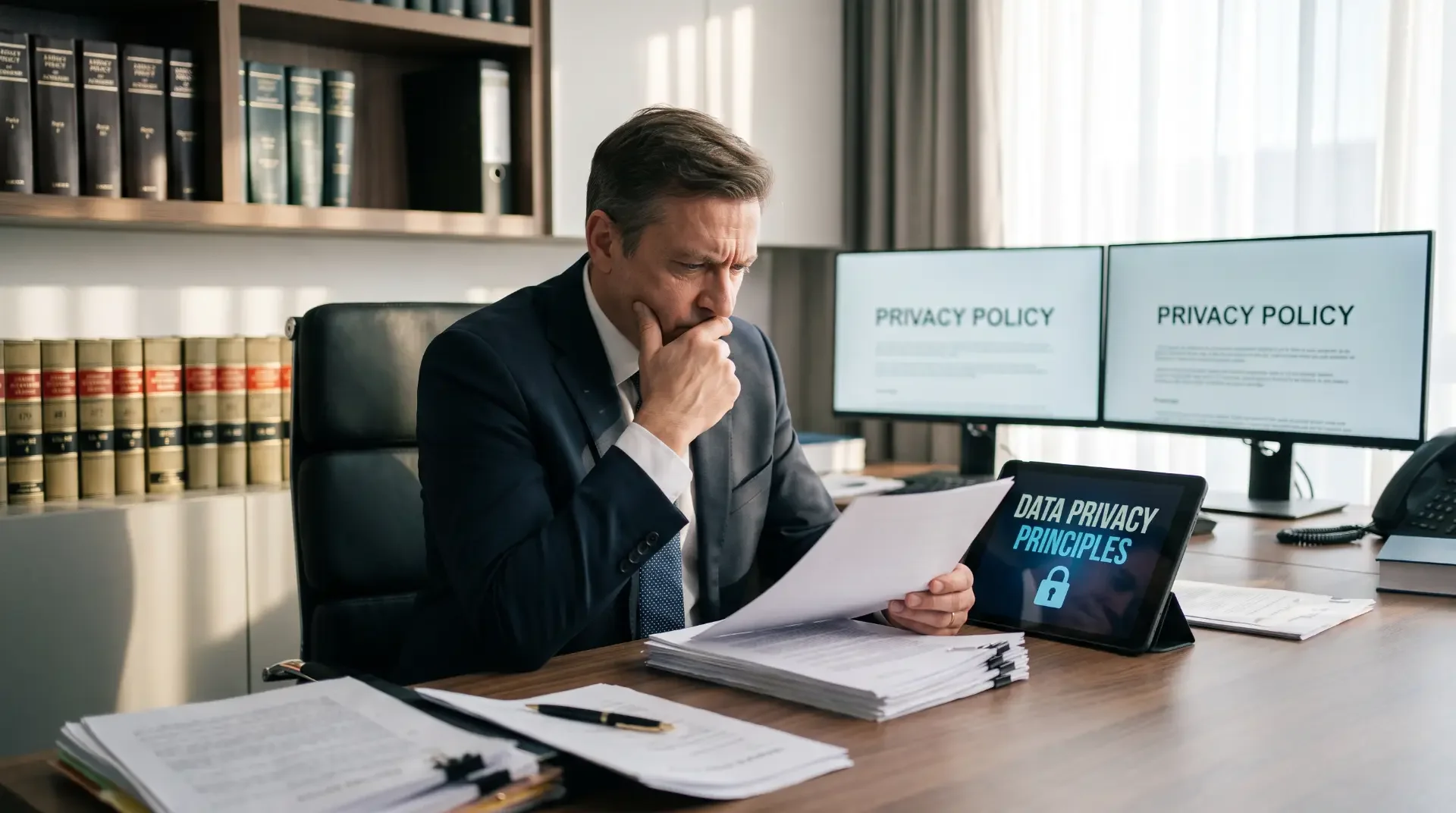 Privacy lawyer reviewing data privacy principles and privacy policy documents in an office