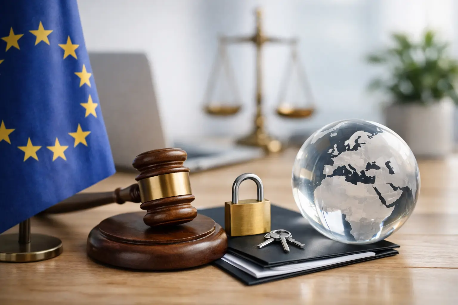 EU flag, gavel, padlock with keys and a glass globe on a desk with legal scales behind