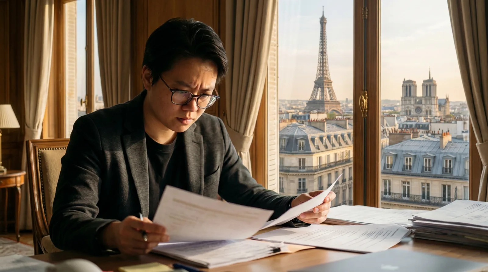 Privacy professional reviewing Article 27 GDPR representative documents by a window overlooking Paris