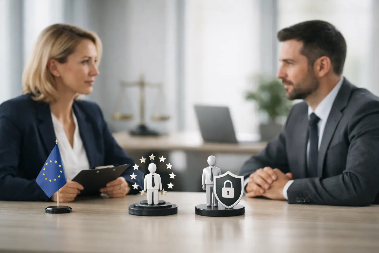 Two privacy professionals in a meeting with an EU flag, star-ringed figurine and shield-and-padlock figurine on the table