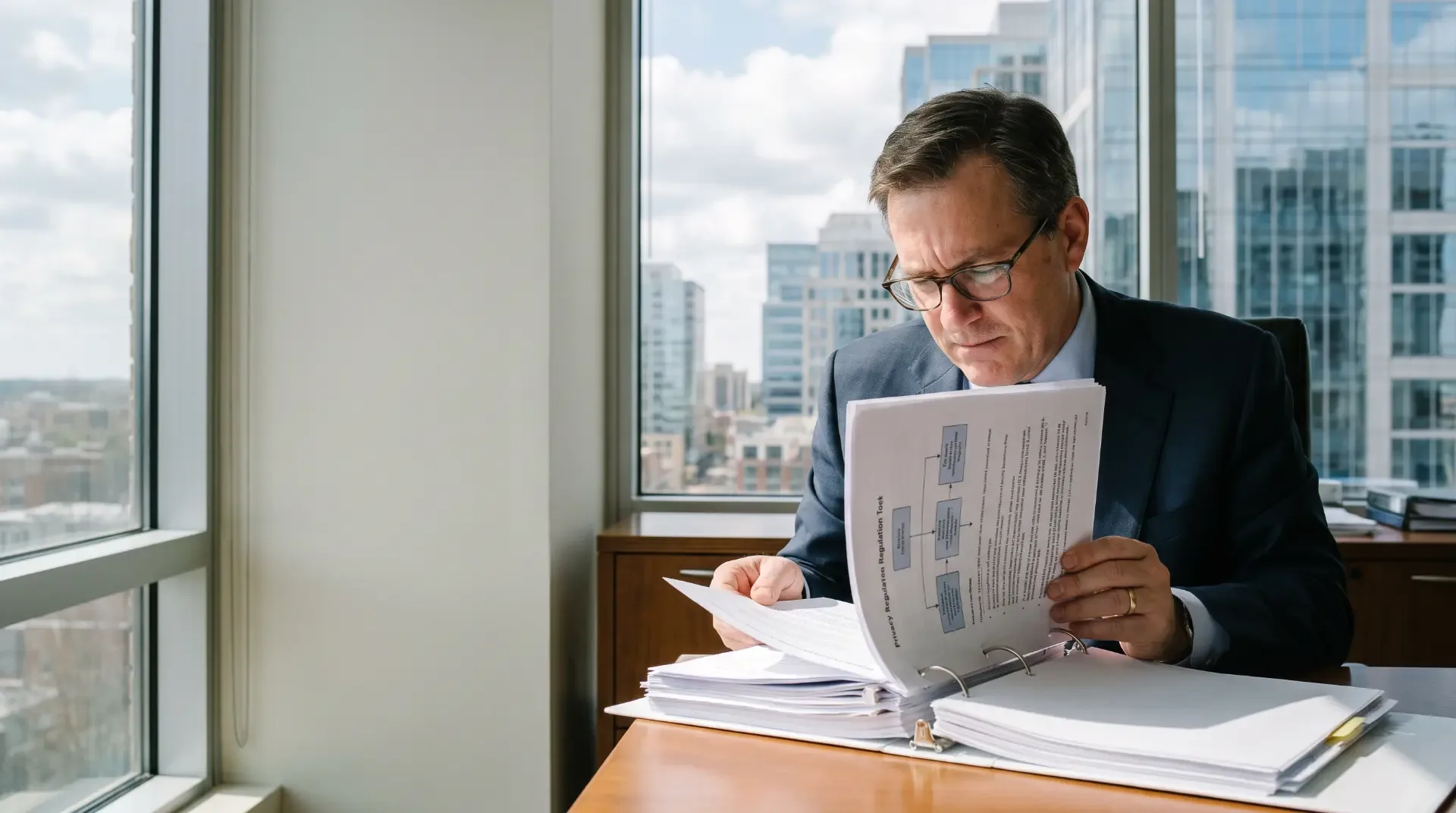Compliance executive reviewing a privacy regulation toolkit binder in a high-rise office
